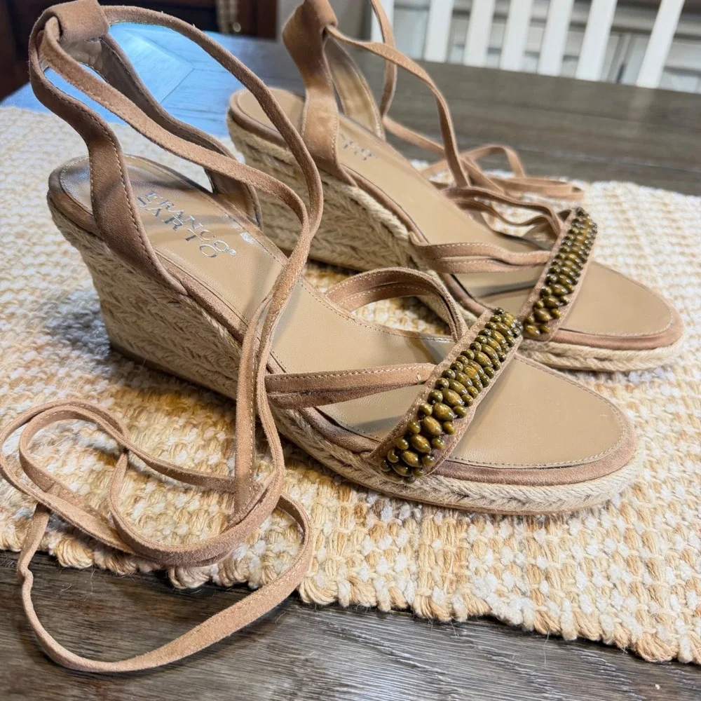 Franco Sarto Herbal Tan Leather Beaded Espadrille Wedge Sandals Womens 9M